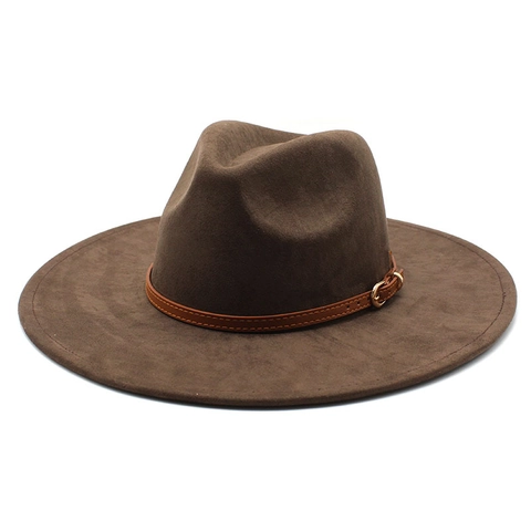 Vintage Unisex Wide Brim Fedora Jazz Hat Polyester Suede Texture With Belt Buckle Sun Protection Retro Gentleman Party Cap