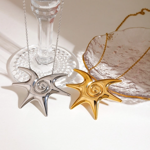 Stainless Steel Pendant Necklace Spiral Sun Starburst Starfish Waterproof Hypoallergenic Non Fading Jewelry For Women