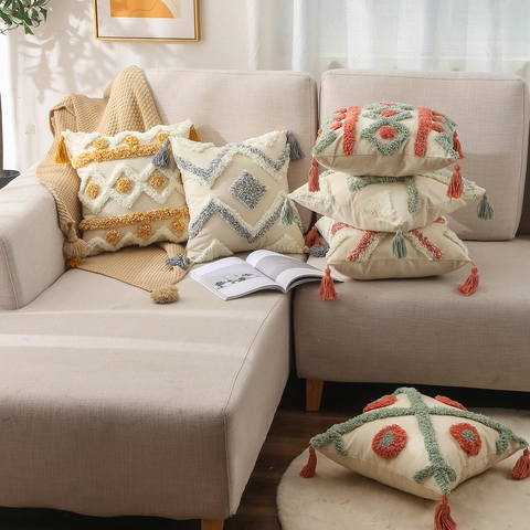 Federa Per Cuscino Taftata Boho Tela Cotone Ricamo Geometrico Copricuscino Con Nappe Per Divano Arredamento Casa
