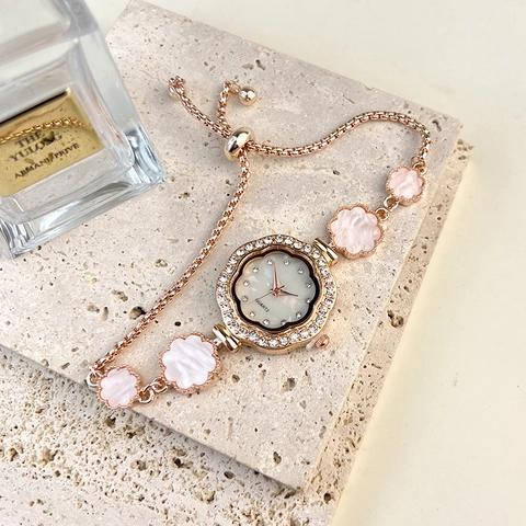 Orologio Da Polso Donna Quarzo Forma Di Fiore Strass Quadrante Madreperla Catena Regolabile Elegante Moda Gioielli