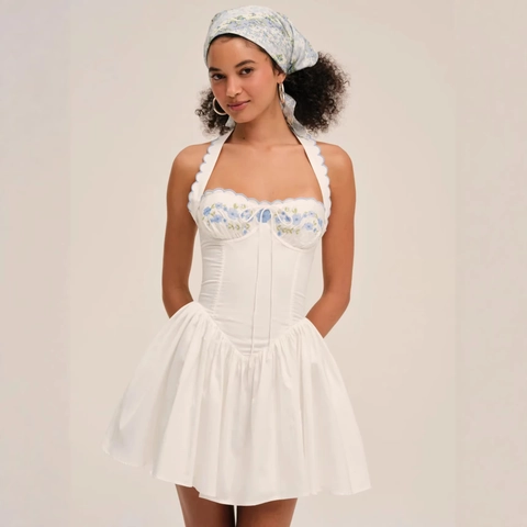 Vestito Mini Bianco Allacciato Al Collo Corsetto Ricamo Floreale Blu Bordo Smerlato Schiena Scoperta Gonna A-Line Donna