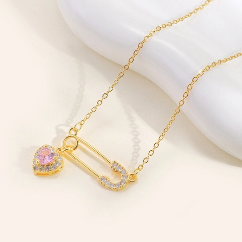 Pink Heart Zircon Pendant Necklace With Safety Pin Stainless Steel Chain Gold Plated Fashion Jewelry For Women