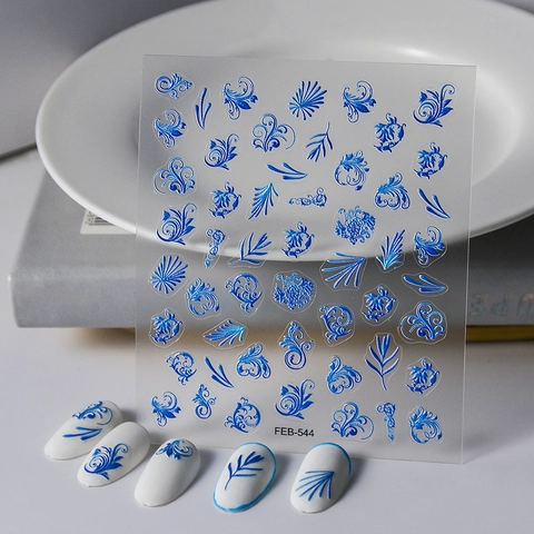Autocollants Art Ongles 5D Gaufré Auto Adhésifs Imperméables Bleu Klein Motifs Floraux Corail Décoration Manucure Pour Femmes