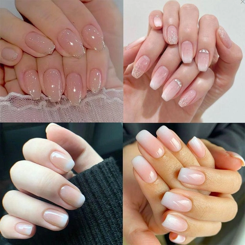 Unghie Finte Press On Nails Ombré Francese Lucide ABS Lunghe Quadrate Sfumate Rosa Bianco Unghie Artificiali Per Donne