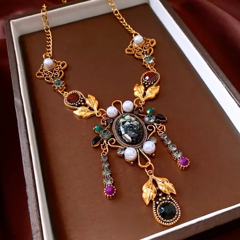 Collar Barroco Vintage Para Mujer Aleación Perla Artificial Falsa Diamantes De Imitación Coloridos Resina Ovalada Borla Joyería Lujosa