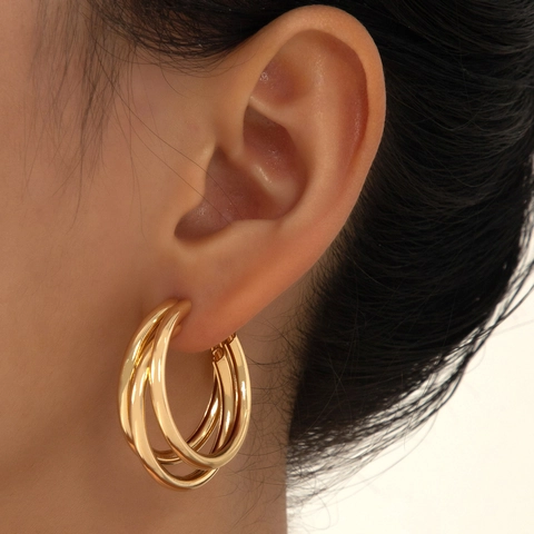 Boucles Oreilles Créoles Triple Épaisseur Alliage Avec Tige En Argent Géométrique Empilée Forme C Mode Pour Femmes