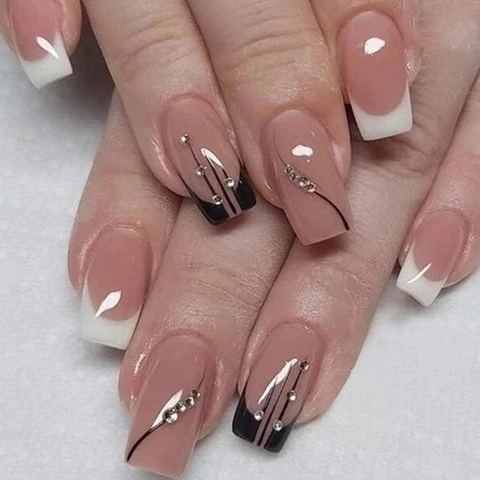 Faux Ongles Style Français Longs Carrés À Presser Avec Strass Et Motif Noir Et Blanc Style Ins Élégant Pour Femmes