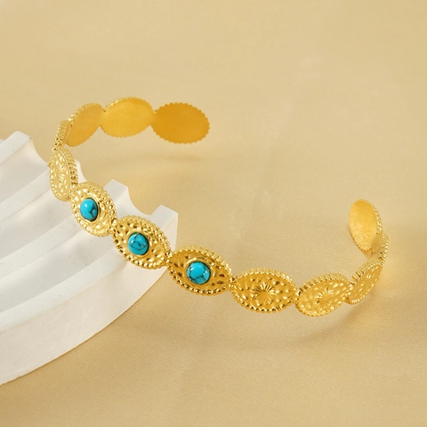 Turkoois Open Armband Vintage Boheems 18K Verguld Roestvrij Staal Geometrisch Verstelbaar Voor Dames