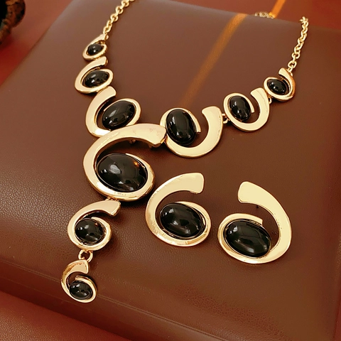 Vintage Geometrische Ovale Halskette Und Ohrringe Vergoldete Legierung Spiral Design Retro Mode Schmuck Damen