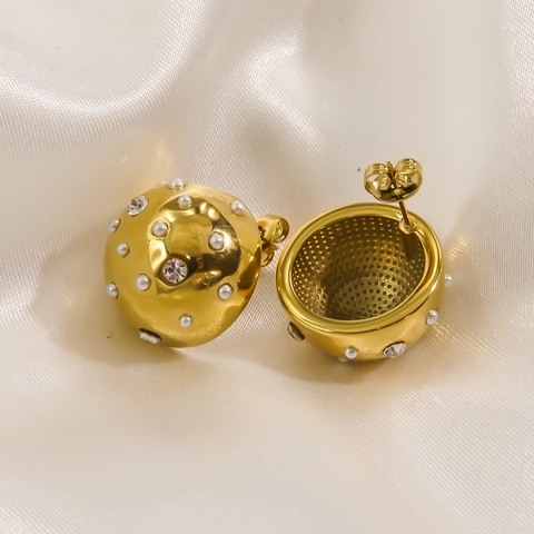 Stainless Steel Hemisphere Stud Earrings 14K Gold Plated Faux Artificial Pearl Zircon Geometric Dome Vintage Fashion For Women