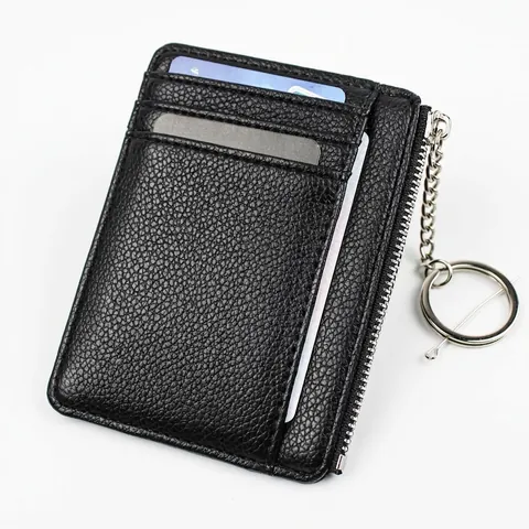 Slim Card Holder PU Leather Lychee Pattern Zipper Coin Purse With Keychain Metal Ring Casual Fashion For Men Women