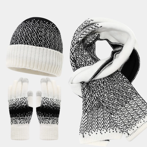 Knitted Beanie And Scarf And Touchscreen Gloves Women Winter Warm Acrylic Geometric Jacquard Snowflake Thermal Soft