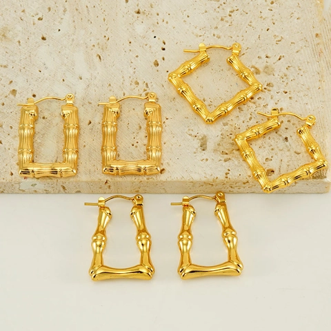 Stainless Steel Hoop Earrings 18K Gold Plated Bamboo Texture Geometric U-Shape Square Vintage For Women