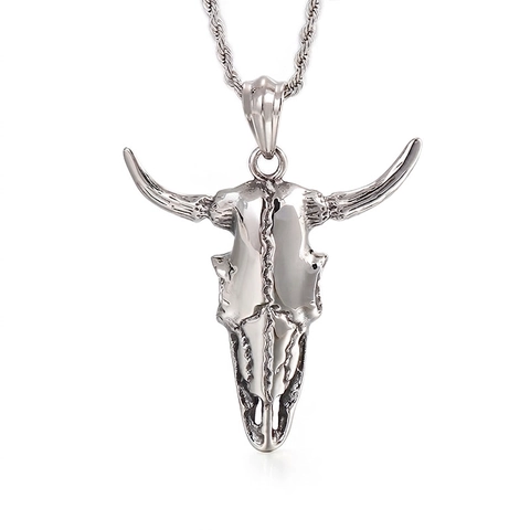Ciondolo Teschio Di Bue Acciaio Inossidabile Testa Di Toro Gotico Biker Punk Finitura Argento Antico Gioielli Retro