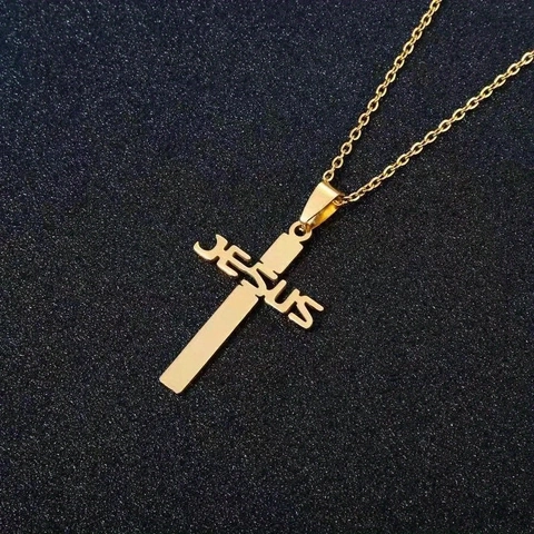 Collar De Cruz De Jesús De Acero Inoxidable Colgante Religioso Diseño Hueco Chapado En Oro 18K Joyería Para Hombre Mujer