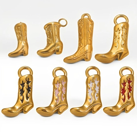 Cowboy Boot Pendants Stainless Steel Gold Plated Enamel Western Vintage Charms For Jewelry Making DIY Craft