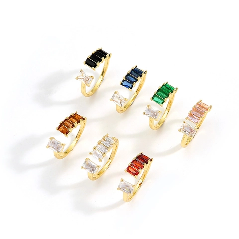 Anello Aperto Regolabile Rame Placcato Oro Zircone Baguette Colorato Gioielli Moda Geometrici Minimalisti Donna