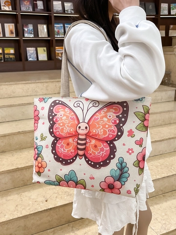 Canvas Tote Bag Women Large Capacity Shoulder Bag Zipper Closure Artistic Butterfly Flower Print Aesthetic Shopping Handbag