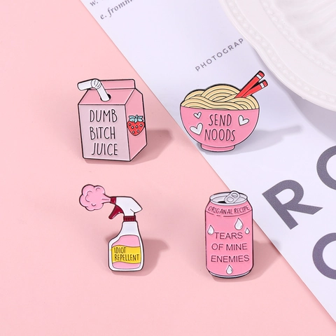 Pink Enamel Pin Funny Slogan Brooch Alloy Spray Bottle Soda Can Juice Box Ramen Bowl Badge For Clothes Bags Jewelry Gift