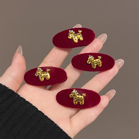 Fermaglio Per Capelli In Velluto Floccato Rosso Con Forcina Per Capelli Vintage In Lega Di Strass Cane Dorato Per Donne