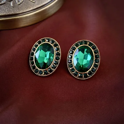 Vintage Ovale Ohrstecker Für Damen Smaragdgrüner Strasskristall Legierung Vergoldet Silver Earring Post Retro Luxus