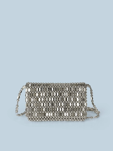 Silver Beaded Crossbody Phone Bag Metallic Hollow Design Flap Mini Evening Clutch With Chain Strap For Women