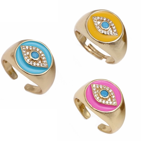Evil Eye Adjustable Open Ring Gold Plated Copper Zircon Enamel Drip Oil Wide Band Vintage Jewelry