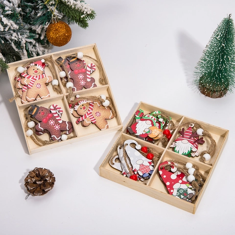 Christmas Tree Hanging Ornaments Wooden Painted Gingerbread Man Gnome Car Festive Holiday Decor Wood Beads Jute Rope