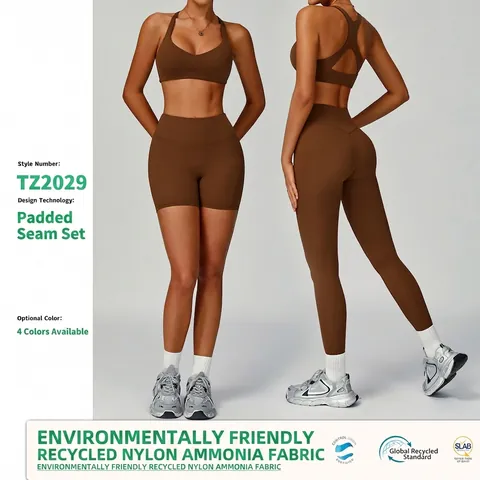 Dames Yoga Sport BH En Leggings Gerecycled Nylon Spandex Open Rug Hoge Taille Sportieve Slim Fit Effen Kleur