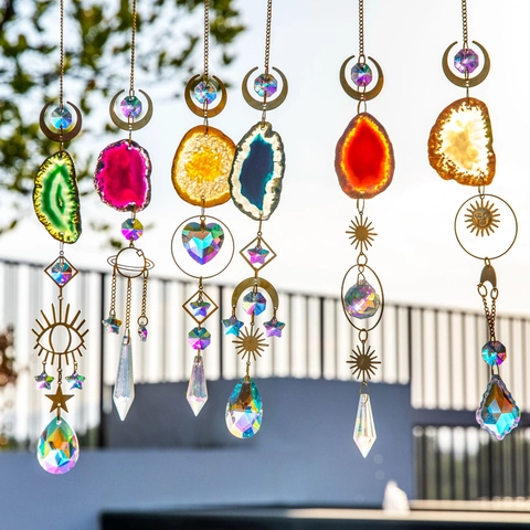 Natural Agate Slice Crystal Suncatcher Rainbow Maker Moon Sun Star Prism Hanging Ornament For Window Car Home Decor