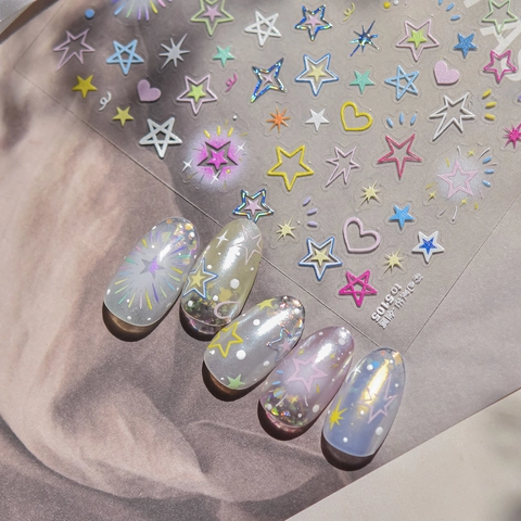 5D Embossed Nail Art Stickers Holographic Metallic Stars Hearts Sunburst Patterns Self Adhesive DIY Manicure Decor