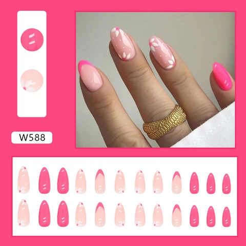 Pink Purple Floral Press On Nails French Tip Almond Shaped Glossy Sweet Artificial Fingernails For Women