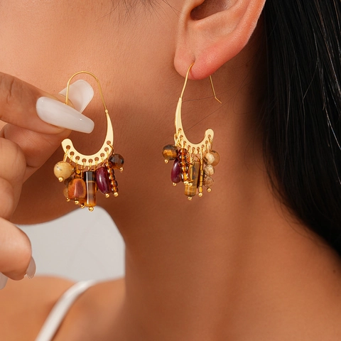 Böhmische Perlen Quasten Ohrhänger 18k Vergoldet Kupfer Naturstein Vintage Halbmond Ethnisch Schmuck Damen