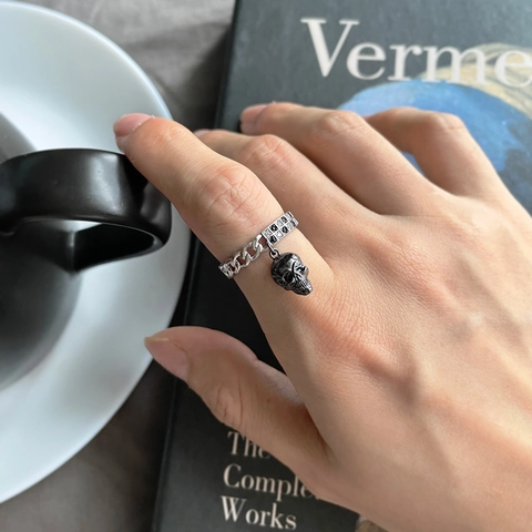 Gotischer Totenkopf Anhänger Ring 925 Sterling Silber Schwarz Weiß Mosaik Zirkon Punk Kette Verstellbar Unisex Schmuck