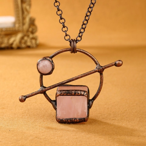 Handmade Retro Pendant Necklace Rose Quartz Pink Crystal Geometric Antique Copper Bohemian Long Sweater Chain Women Gift