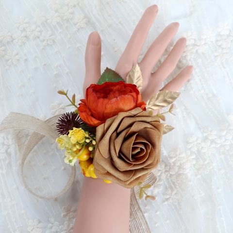 Artificial Satin Rose Wrist Corsage And Boutonniere Caramel Orange Wedding Flowers For Groom Bride Bridesmaid Prom Party