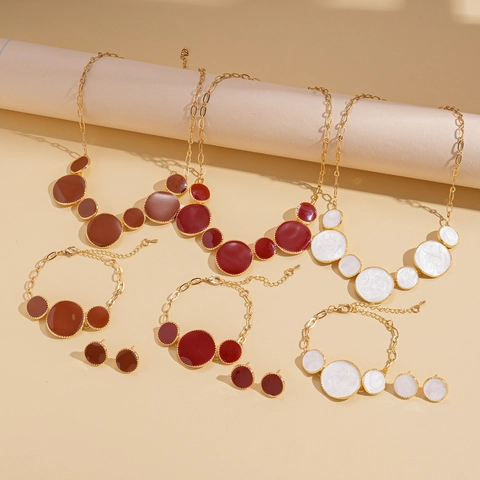Bijoux En Émail Géométriques Ronds Pour Femmes Vintage Minimaliste Alliage Cuivre Collier Boucles D'Oreilles Bracelet Bague