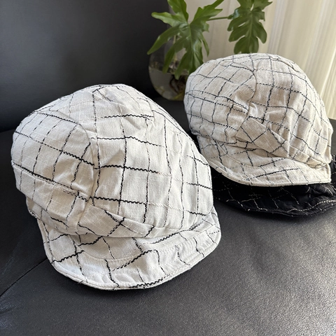Retro Plaid Newsboy Cap Linen Cotton Blend Checkered Beret Adjustable Breathable Foldable Vintage Casual Hat