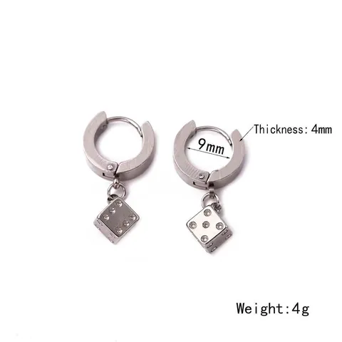 Orecchini a Cerchio con Pendente a Dado in Acciaio Inossidabile Punti Numerici Strass Intarsiati Punk Streetwear per Uomo Donna