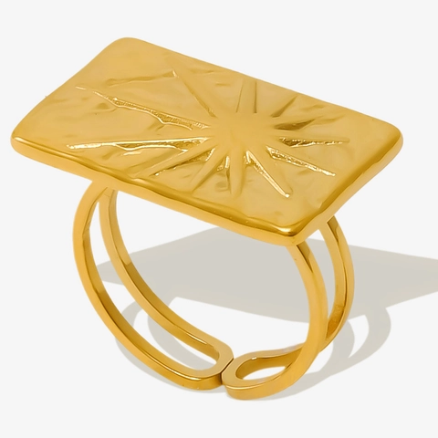Anello Regolabile Acciaio Inossidabile 304 Placcato Oro 18K Rettangolare Motivo Stella Solare Martellato Gioielli Moda Vintage Unisex