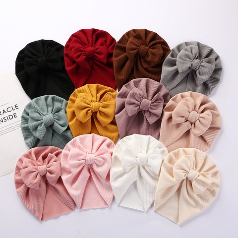 Soft Ribbed Cotton Baby Turban Hat With Large Bow Solid Color Breathable Indian Style Beanie For Newborn Infant Toddler