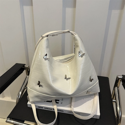Borsa Tote Con Decorazione A Farfalla Donna Pelle PU Trama Anguilla Metallica Grande Capacità Borsa A Spalla Hobo
