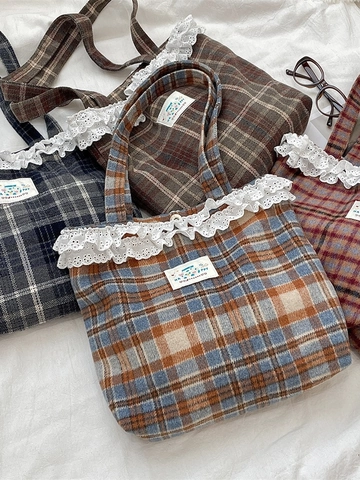 Retro Plaid Wollte Tote Bag Mit Spitzenbesatz Süsse Akademie Stil Schulter Handtasche Für Damen Segeltuchfutter