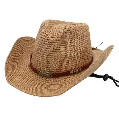 Δυτικό Καπέλο Cowboy Από Άχυρο Με Πλατύ Γείσο Μεταλλική Διακόσμηση Vintage Εθνικό Προστασία Από Τον Ήλιο Παραλία Ρυθμιζόμενο