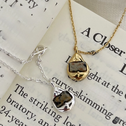 925 Sterling Silver Necklace With Dalmatian Jasper Stone Irregular Molten Geometric Teardrop Pendant Vintage Jewelry For Women