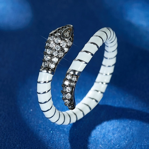Snake Open Ring 925 Sterling Silver White Enamel Zircon Inlaid Adjustable Animal Design Jewelry For Women Men