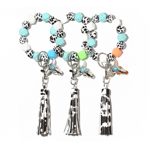 Luminous Silicone Bead Bracelet Keychain With Cow Print Synthetic Leather Card Holder Tassel Alloy Cow Head Pendant For Unisex