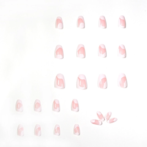 Estilo Francés Rosa Blanco Onda Abstracta Almendra Press On Nails Brillante Plástico Puntas De Uñas Postizas Para Mujeres