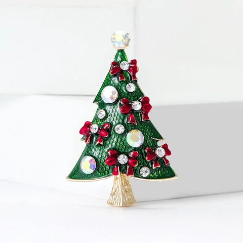 Christmas Tree Brooch Alloy Enamel Rhinestone Colorful Festive Holiday Bow Accessory Women