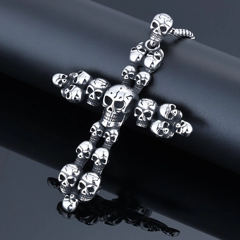 Gotische Totenkopf Kreuz Anhänger Halskette Edelstahl Retro Punk Rock Stil Für Männer Frauen Vintage Silber Polierter Schmuck